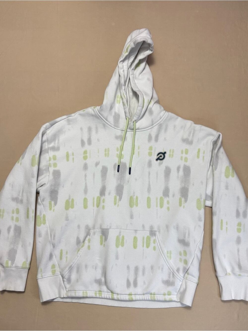 Peloton Women's White Hoodie with Lime & Light Gray Tie-Dye Pattern Size Large